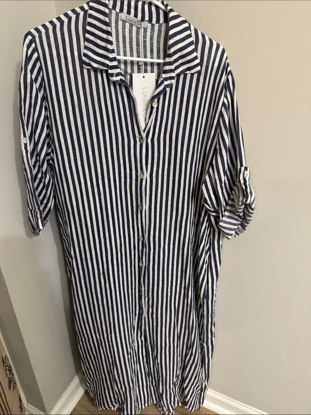 Liabella linen Navy and light gray Striped Button-Down dress
